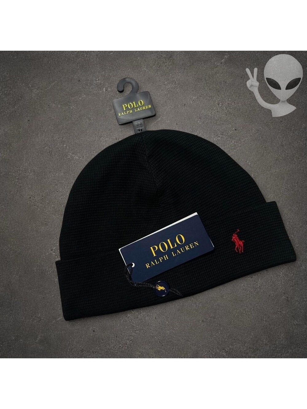 Polo Ralph Lauren Thermal Cuffed Beanie Mens One Size Black Red Waffle Knit